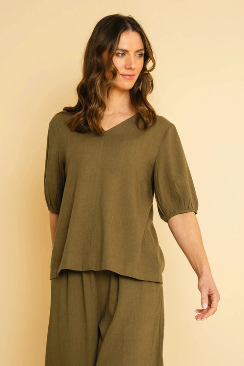 Khaki Linen Blend Puff Short Sleeve Top